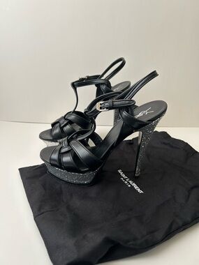 Saint Laurent Black Leather Platform Slingback Heels with Glitter